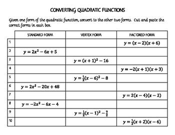 INB PRACTICE - Converting Quadratic Functions (Standard, Vertex, and ...