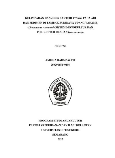 Kelimpahan Dan Jenis Bakteri Vibrio Pada Air Dan Sedimen Di Tambak