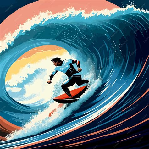 Premium Vector Illustration Ocean Man Surfing Big Waves Day