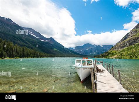 Tourboat On Lake Josephine Glacier National Park Montana Usa Stock