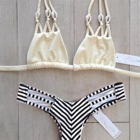 Women S Sexy Triangle Striped Bandage Brazilian String Thong Bathing