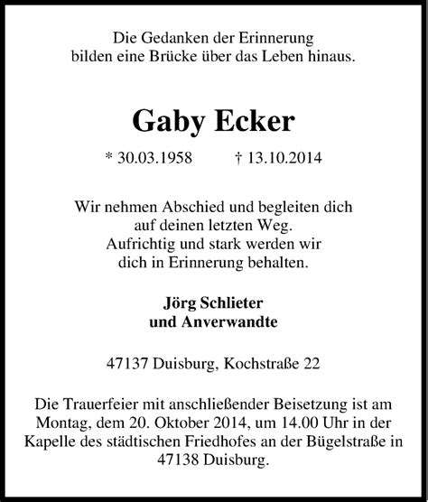 Traueranzeigen Von Gaby Ecker Trauer In NRW De