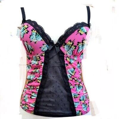 Betsey Johnson Vintage Bustier Mesh Cami C Pink Floral Spaghetti