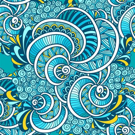 Abstract Zen Tangle Zen Doodle Marine Seamless Pattern Blue Orange