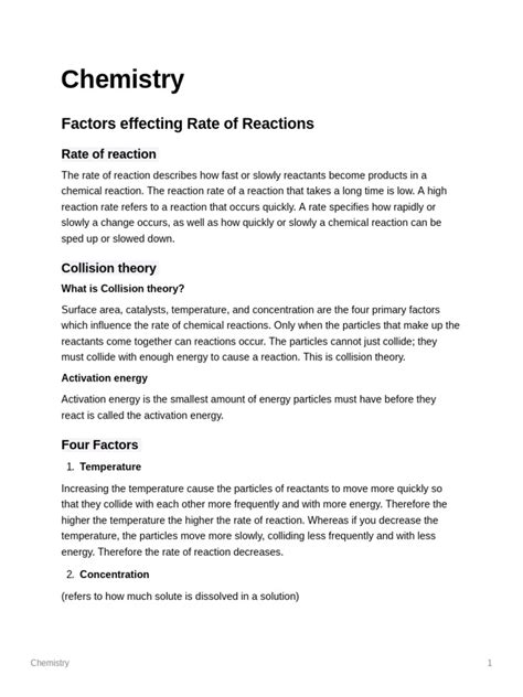 Factors Affecting Rates Of Reactions Pdf Reaction Rate Chemical Reactions