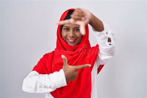 Young Arab Woman Wearing Traditional Islamic Hijab Scarf Smiling Making