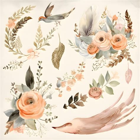 Premium Ai Image Set Of Vintage Flowers And Birds Hand Drawn Vector