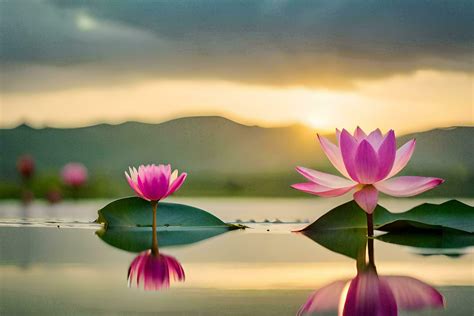 Two Pink Lotus Flowers Are Reflected In The Water Ai Generated