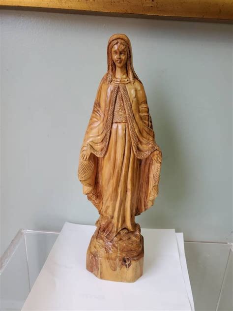 Bethlehem Virgin Mary Hand Carved Olive Wood Sculpture Figure 13 Inch Tall Etsy