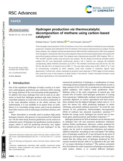 Pdf Hydrogen Production Via Thermocatalytic Decomposition Of Methane Using Carbon Based Catalysts