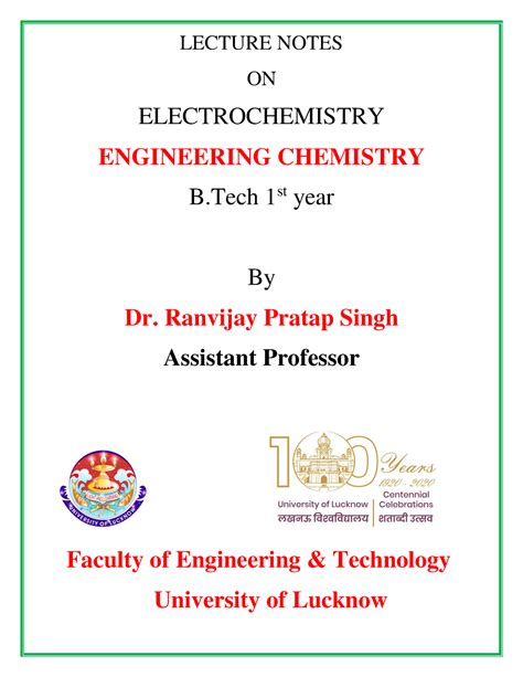 Electrochemistry Placement Lecture Notes On Electrochemistry