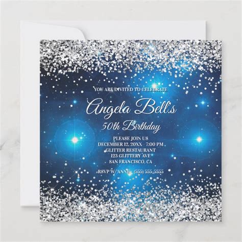 Faux Sparkly Silver Glitter Celestial Blue Invitation Zazzle