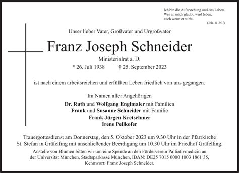 Traueranzeigen Von Franz Joseph Schneider Sz Gedenken De