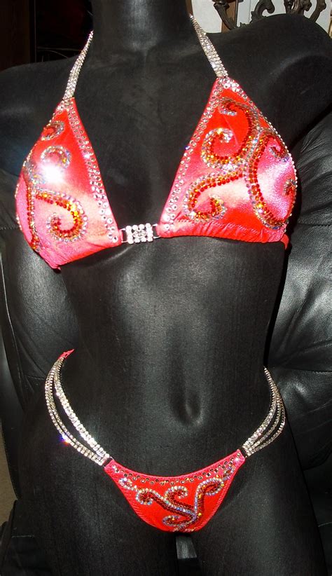 Style Coral Competition Bikini With Rhinestone Connectors And