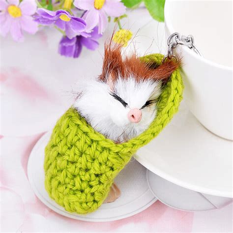 Cute Sleeping Cat Pompom Keychains Rings Car Fluffy Chains Key Kitten