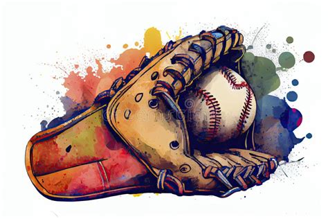 Baseball Glove With Ball From A Splash Of Watercolor Hand Drawn Sketch