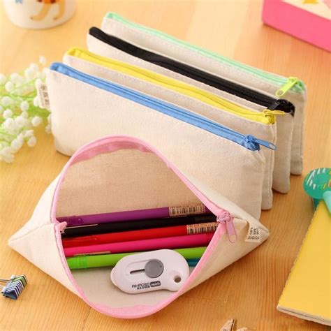 20585cmdiy White Canvas Blank Plain Zipper Pencil Pen Bags