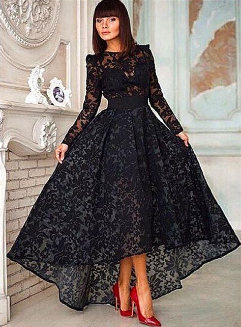 New Little Black Dress Elegant Lines Prom Crew Neck Long Sleeve Lace