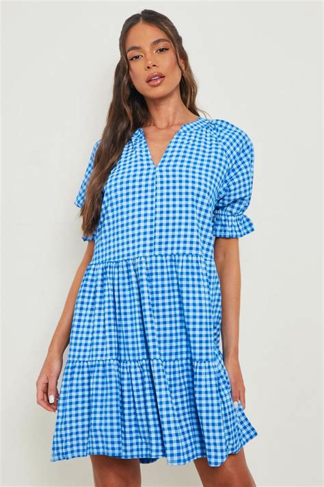 Gingham Tiered Smock Dress Boohoo Uk