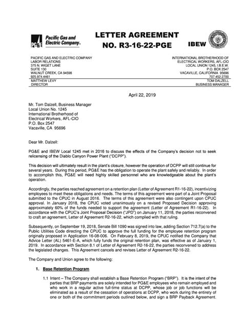 Fillable Online LETTER AGREEMENT NO 16 44 PGE IBEW Local 1245 Fax