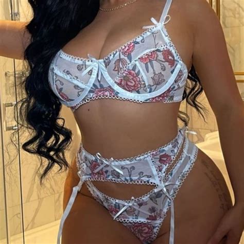 Women Sexy Lingerie Sets Garter Belts Bow Floral Print Bow Underwire