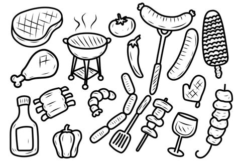 Set Of Barbecue Elements Vector In Cute Hand Drawn Style Isolated On