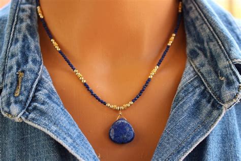 Lapis Necklace Gold And Lapis Beaded Necklace Boho Chic Blue Etsy