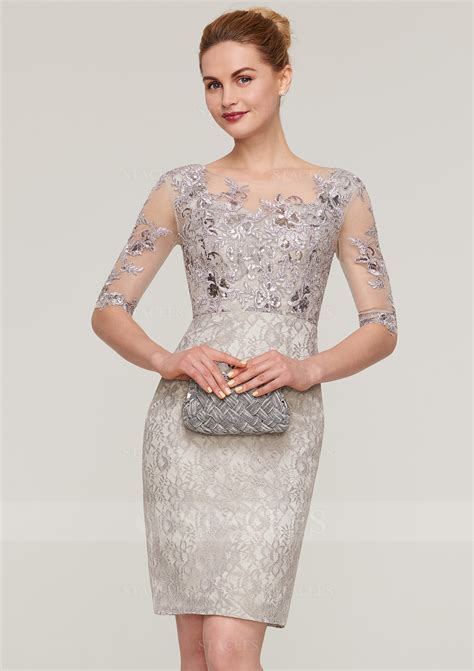 Bateau Half Sleeve Lace Sheath Column Knee Length Mother Of The Bride Dress With Sequins