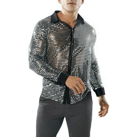 Tregren Mens 70s Shiny Sequins Disco Shirts Dude Costumes Long Sleeve