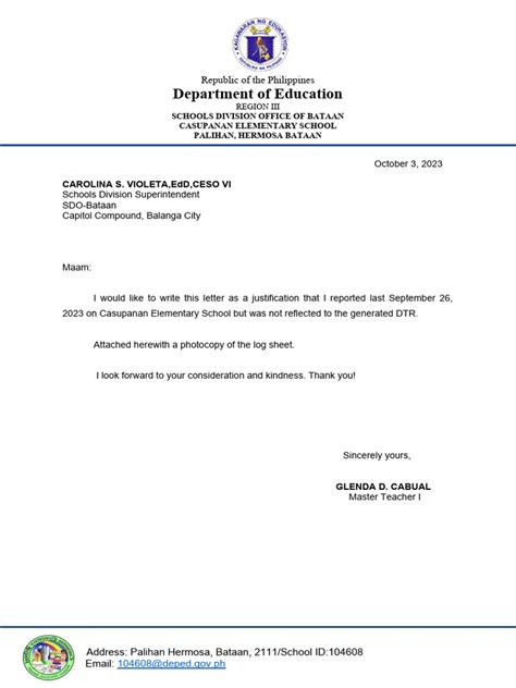 Justification Letter Dtr Glenda Pdf