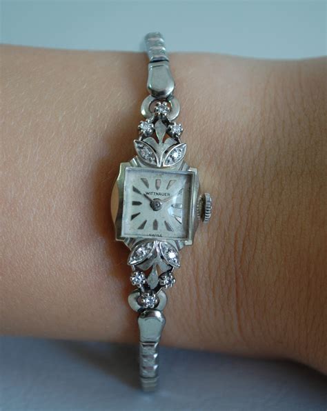 Sold C1950 Ladies Wittnauer 14k White Gold Watch With Diamonds Birth