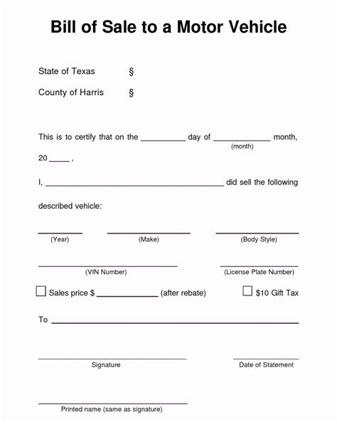 Blank Car Bill Of Sale Form Free Printable