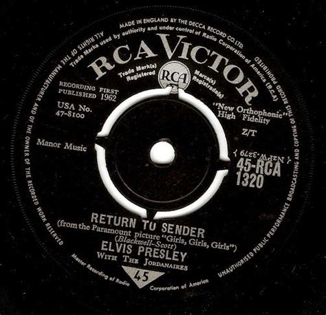 Elvis Presley Return To Sender Vinyl Record 7 Inch Rca 1962