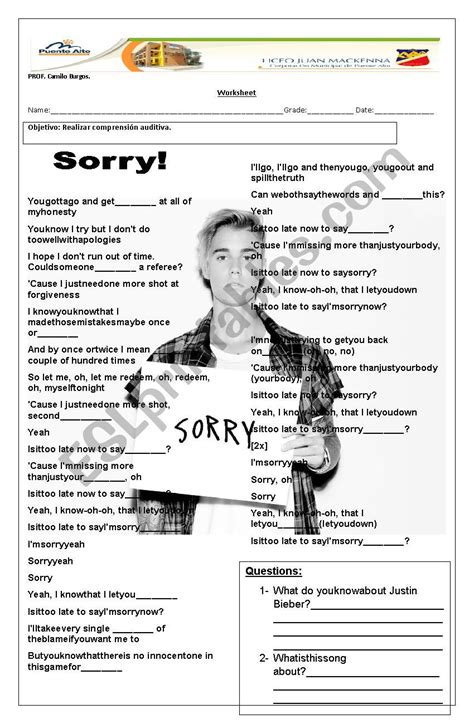 Song Worksheet Sorry Justin Bieber Esl Worksheet By Hatredflowers