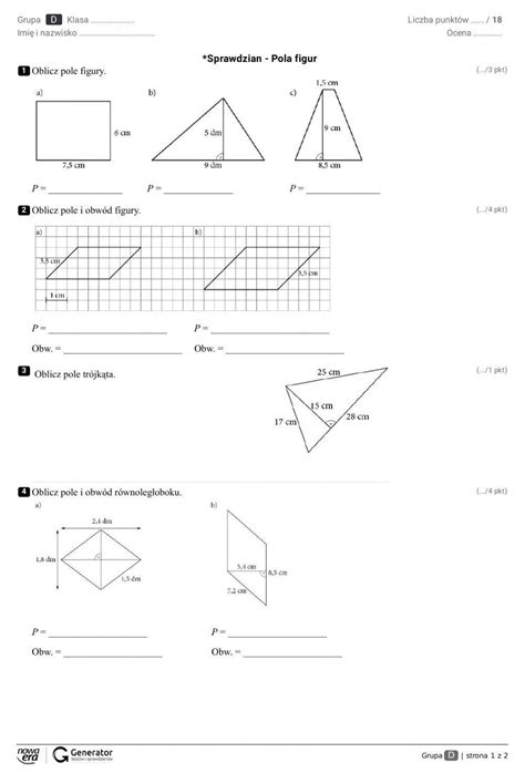 Sprawdzian Pola Figur Worksheet Artofit