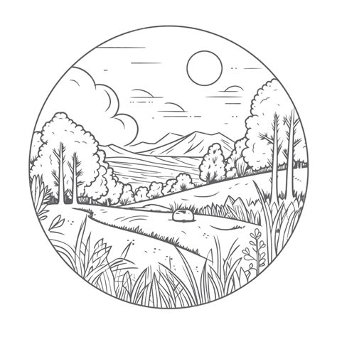 Hill Landscape Coloring Page In Black And Yellow Outline Sketch Drawing