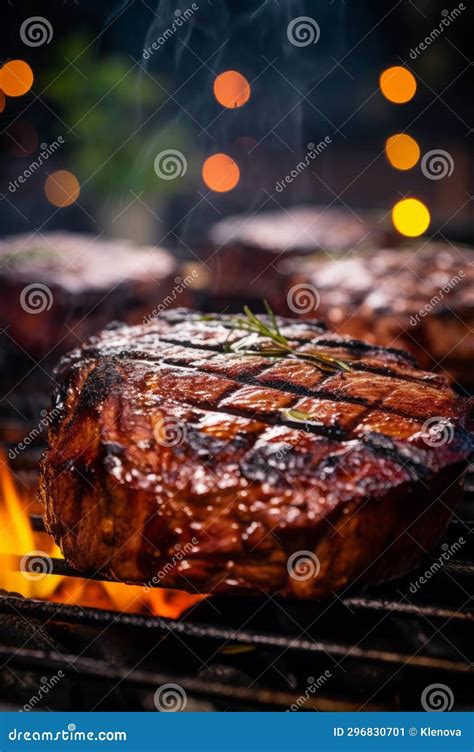 Grilled Steak With Herbs Cooking Over Flaming Grill Stock Image Image