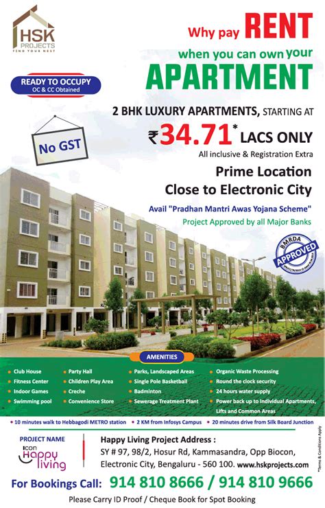 Hsk Projects Bhk Luxury Apartments Starting At Rs Lacs Only Ad