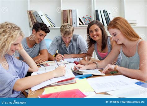 Adolescentes Sonrientes Que Estudian En La Biblioteca Foto De Archivo