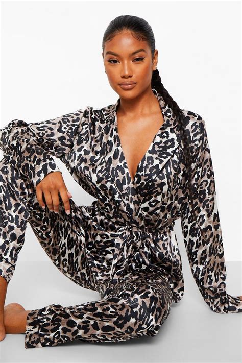 Leopard Satin Wrap Front Pj Set Boohoo Uk