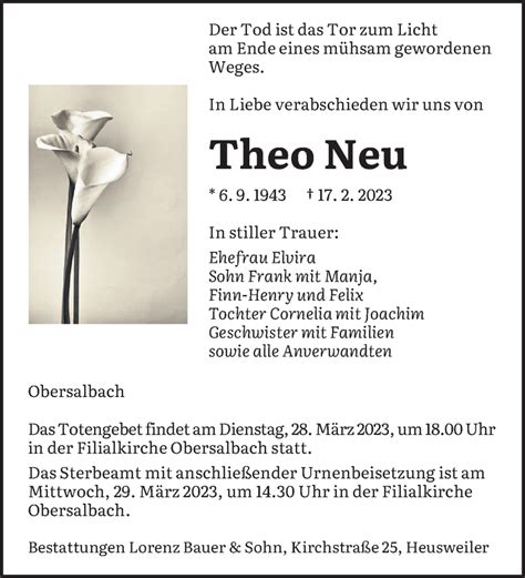 Traueranzeigen Von Theo Neu Saarbruecker Zeitung Trauer De