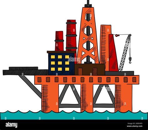 Colorful Sketch Of Sea Oil Platform Rising Above The Sea Drilling For