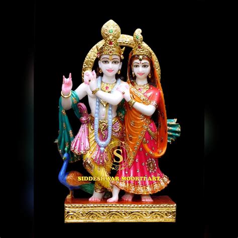 Traditional Hindu White Multicolor Marble Jugal Jodi Radha Krishna