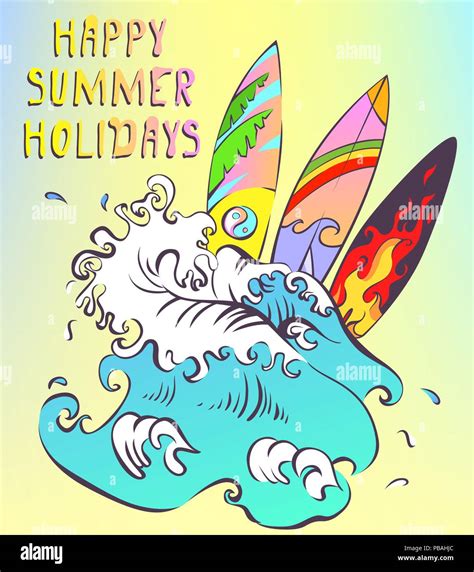 Happy Summer Holidays Vector Banner Surfing Fun Concept Colorful