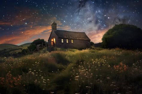 Premium AI Image A House In A Field With A Starry Sky At Night