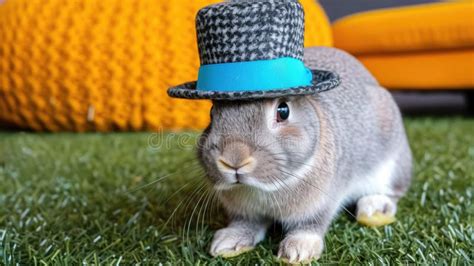 Cute Little Rabbit Wearing A Hat Sitting On The Green Grass Stock