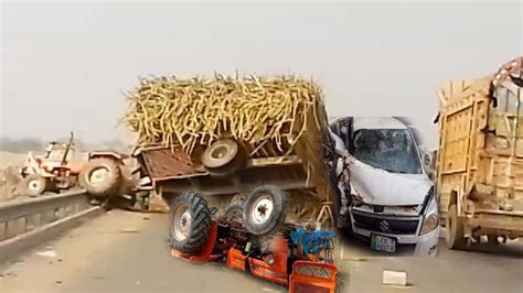 Heavy Loaded Sugarcane Tractor Trolley Accident Video Youtube