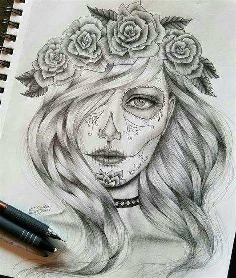 Female Day Of The Dead Drawings Draw Stunning Portraits