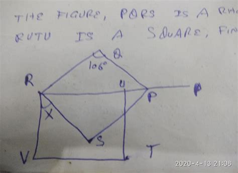 In The Given Figure Pqrs Is A Rhombus And Rvut Is A Square Then Find