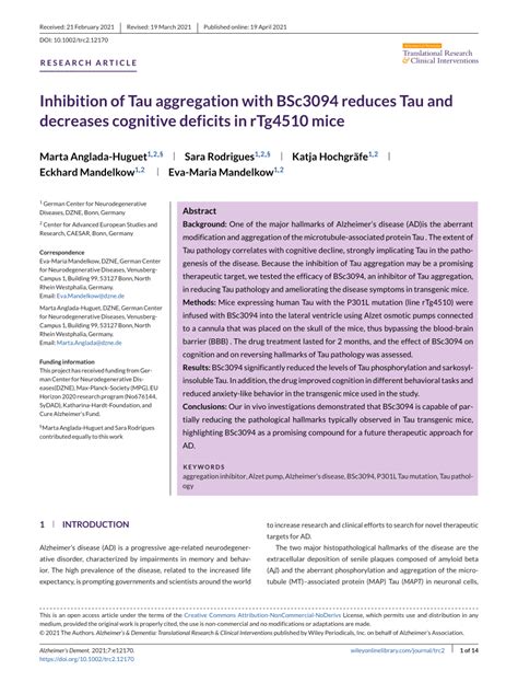 Pdf Inhibition Of Tau Aggregation With Bsc3094 Reduces Tau And